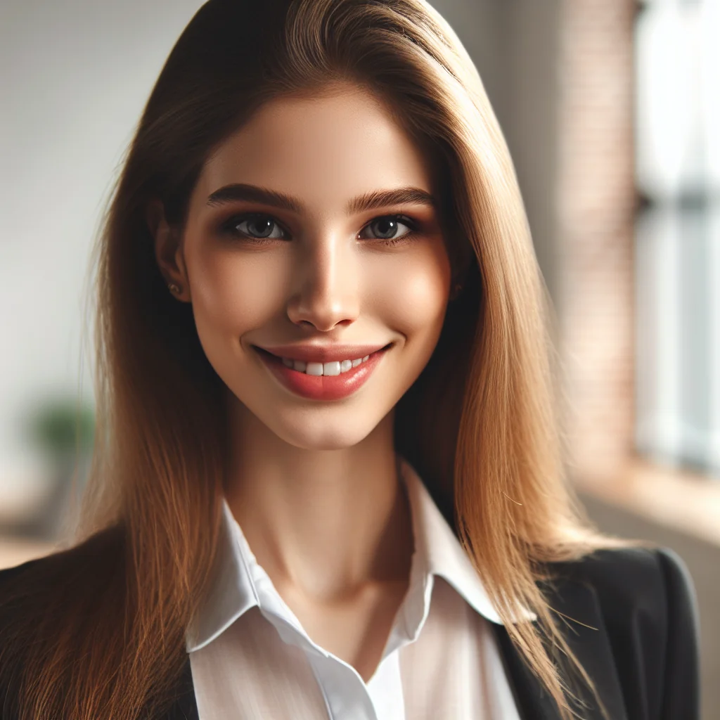 portrait, smiling young woman, professional, studio photo